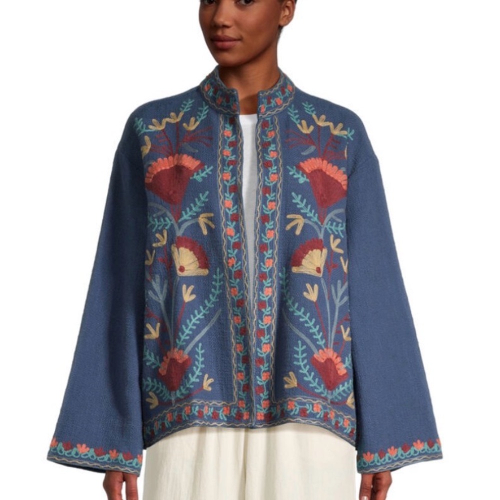 Suzani Floral Embroidered Blue Jacket made in India, with pockets — World Market
